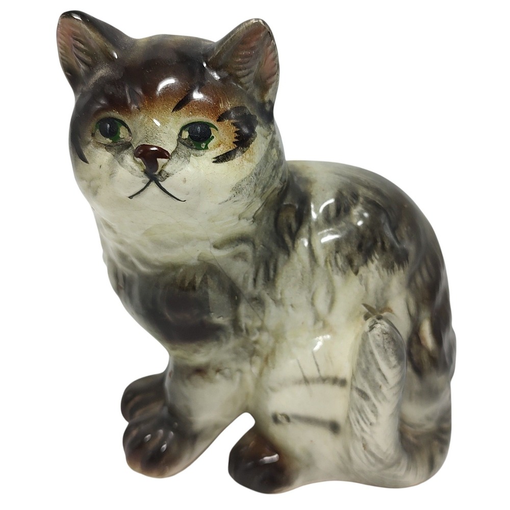 Vintage Porcelain Figurine Cat‎ Kitten Japan Crazing Gray Brown Hand Painted SEE